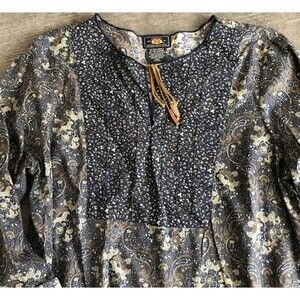 Prairie Boho Women’s XL Tunic 100% Cotton Shirt Route 66 Brown Navy Leather Top